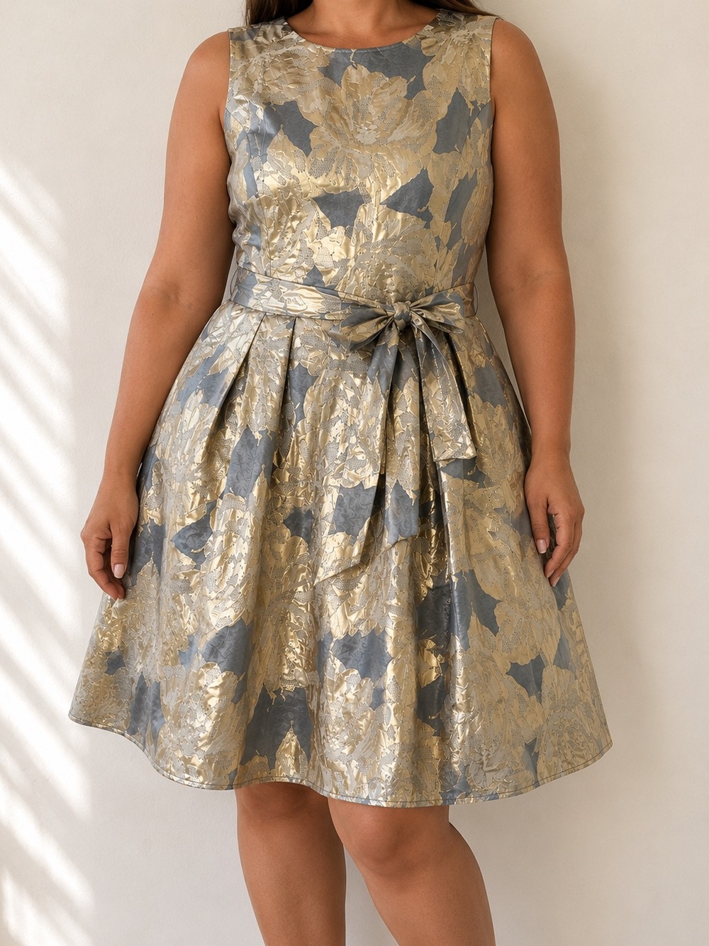 Tommy Hilfiger Metallic Gold Floral Jacquard Fit Flare Dress Size 14